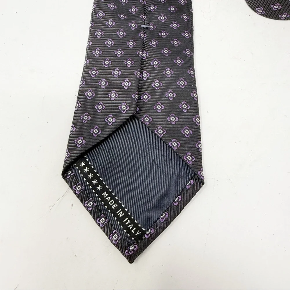 ERMENEGILDO ZEGNA Men’s Charcoal Gray Purple Geometric Weave Tie Made In Italy
